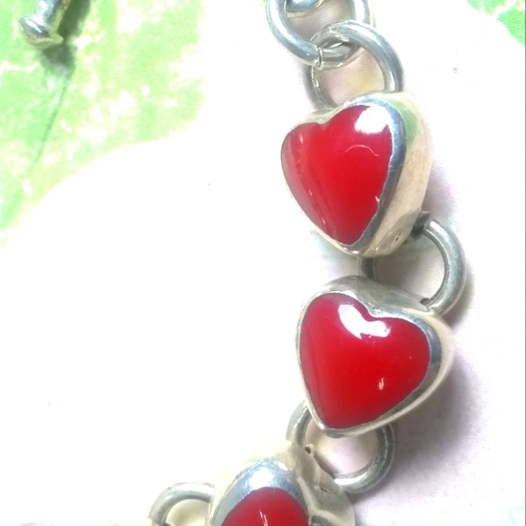 ❤️ .925 Silver Mexican Red Enamel Heart Love Link Bracelet - Picture 4 of 7